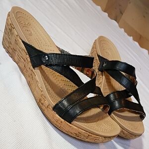 Crocs Women's Black Leather Strappy Wedge